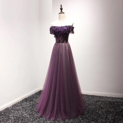 Off Shoulder Dark Purple Appliques Prom Dresses Long Vintage Maxi Gowns