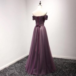 Off Shoulder Dark Purple Appliques Prom Dresses Long Vintage Maxi Gowns