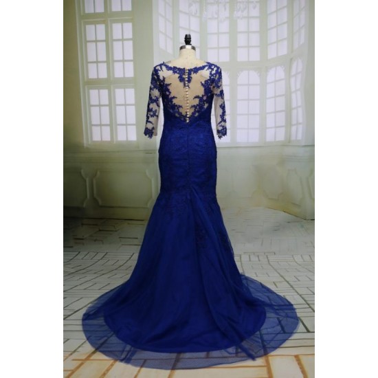 Vintage Blue Applique Prom Dress Mermaid Formal Gowns