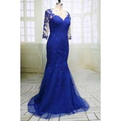 Vintage Blue Applique Prom Dress Mermaid Formal Gowns