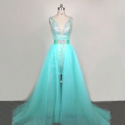 V neckline Beaded Green Chiffon Party Dresses