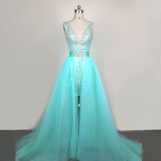 V neckline Beaded Green Chiffon Party Dresses