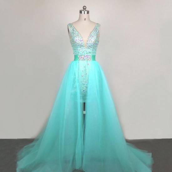 V neckline Beaded Green Chiffon Party Dresses