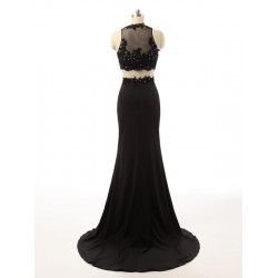 Black Prom Dress O-Neck Sleeveless Floor Length Beaded