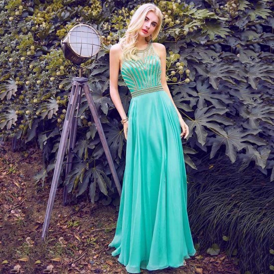 Aqua Green Prom Dress Beading Chiffon Party Gowns Women