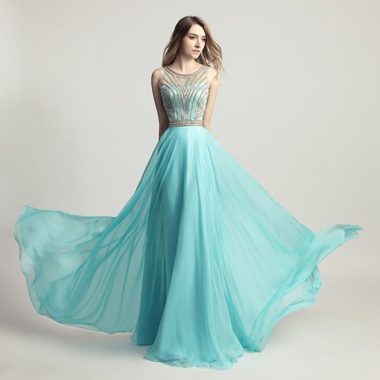 Aqua Green Prom Dress Beading Chiffon Party Gowns Women