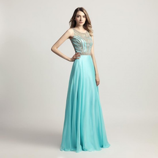 Aqua Green Prom Dress Beading Chiffon Party Gowns Women