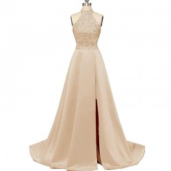 Open Back Satin Beading Slit Wedding Party Dress