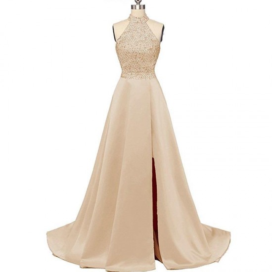 Open Back Satin Beading Slit Wedding Party Dress