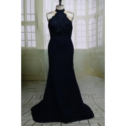 Navy Blue Long Backless Prom Dress Halter Beaded Woman Gowns