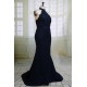 Navy Blue Long Backless Prom Dress Halter Beaded Woman Gowns