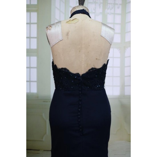 Navy Blue Long Backless Prom Dress Halter Beaded Woman Gowns
