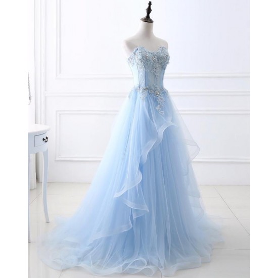 Strapless Long Ruffles Lace Prom Dress Beading