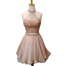 Champagne Pink Short Prom Dresses Beadings Prom Gown