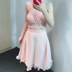 Champagne Pink Short Prom Dresses Beadings Prom Gown