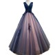Long V Neck Lace Up Back Tulle Prom Dress Floor Length