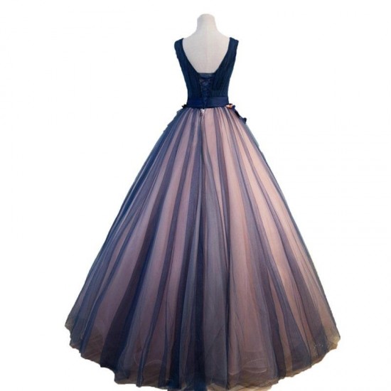 Long V Neck Lace Up Back Tulle Prom Dress Floor Length