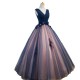 Long V Neck Lace Up Back Tulle Prom Dress Floor Length