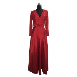 Elegant Red V Neck Prom Dress Floor Length Lace Taffeta Party Dress