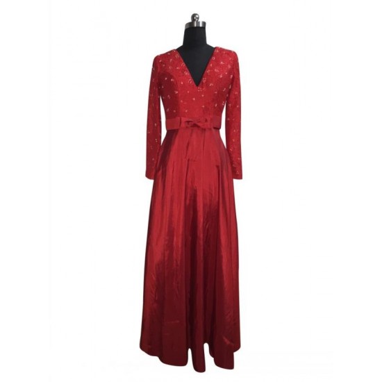 Elegant Red V Neck Prom Dress Floor Length Lace Taffeta Party Dress