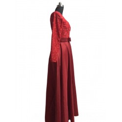 Elegant Red V Neck Prom Dress Floor Length Lace Taffeta Party Dress