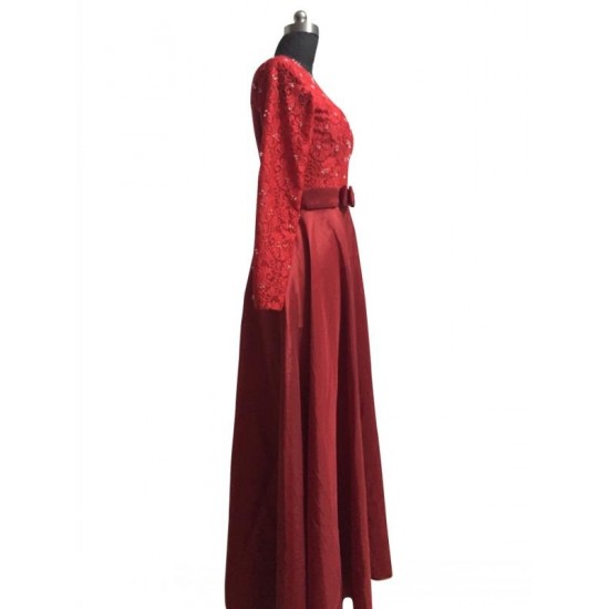 Elegant Red V Neck Prom Dress Floor Length Lace Taffeta Party Dress