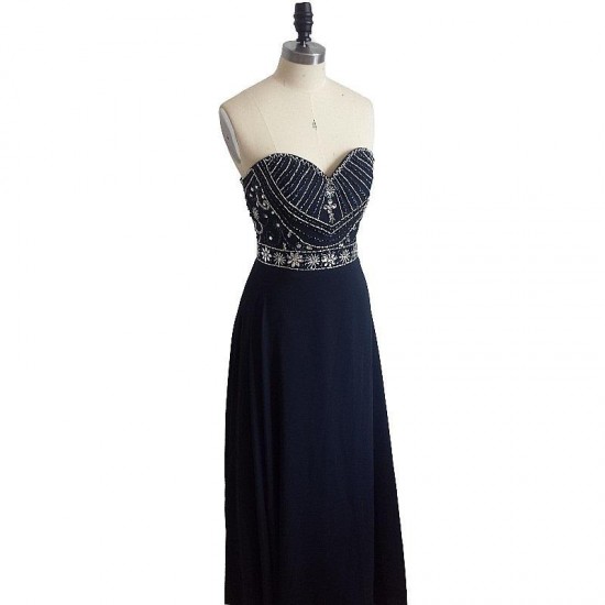 Navy Blue A Line Prom Dress Beadings Long Formal Dress