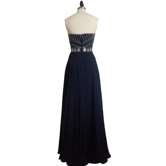 Navy Blue A Line Prom Dress Beadings Long Formal Dress