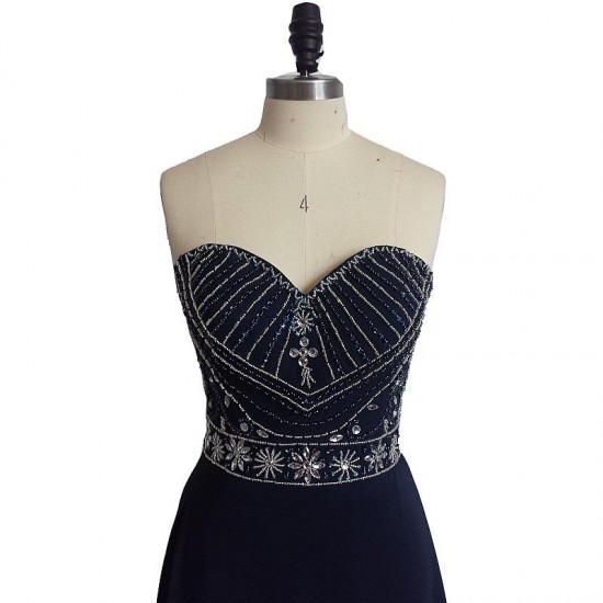 Navy Blue A Line Prom Dress Beadings Long Formal Dress