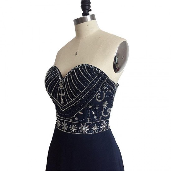 Navy Blue A Line Prom Dress Beadings Long Formal Dress